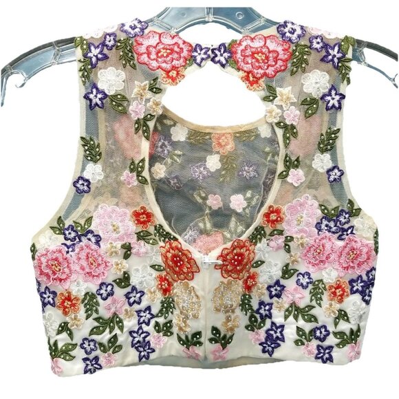 Xscape Floral Embellished Zip Up Crop Top Sz‎ 4 Formal Colorful Dainty Cropped - Picture 3 of 9